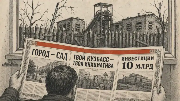 Мужчина читает газету с победными заголовками, а за окном — закрытая шахта Кузбасса