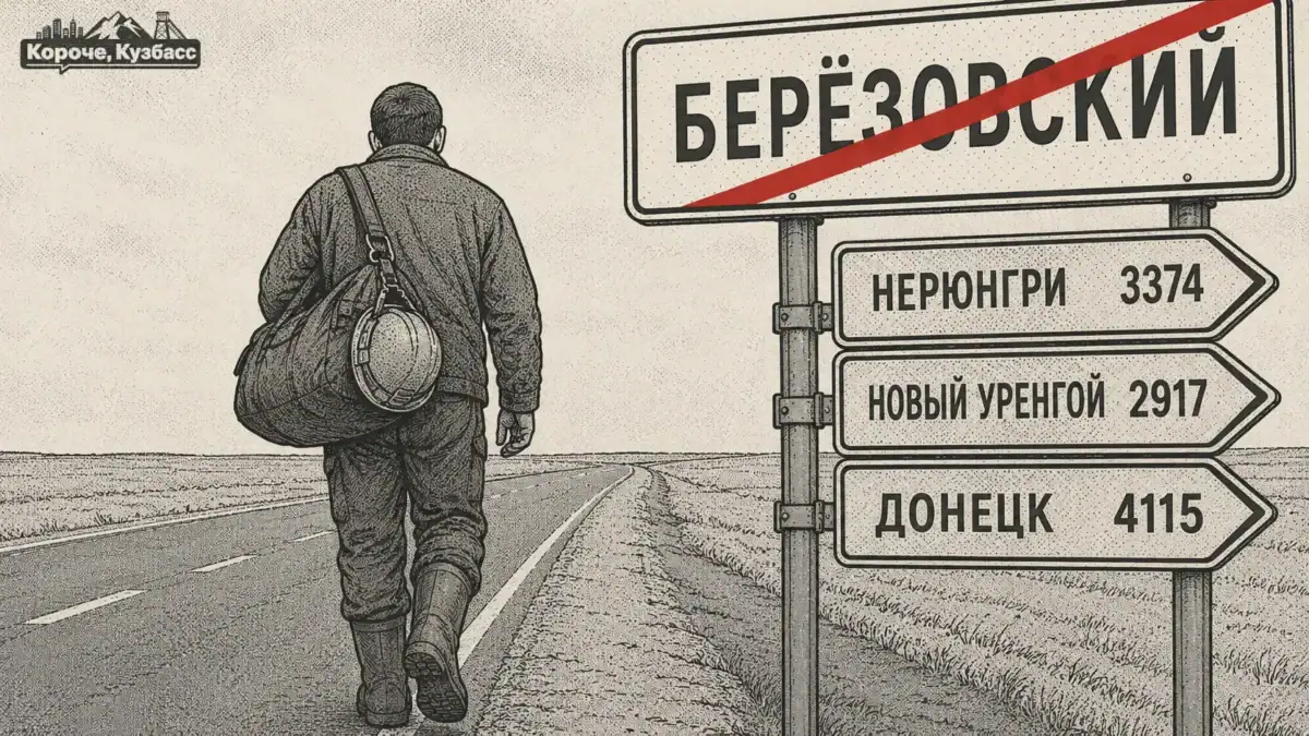 Шахтёр уезжает из Берёзовского: перечёркнутый знак и указатели на другие угольные регионы