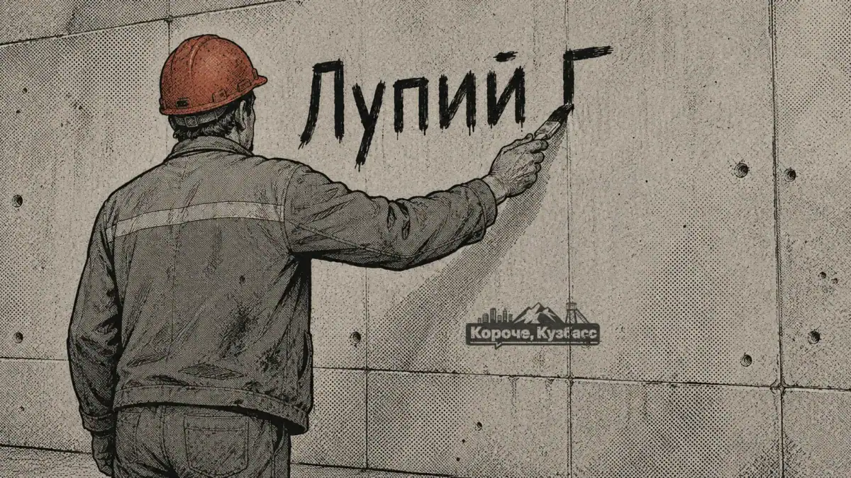 Шахтёр пишет недописанное обращение на стене у проходной «Северный Кузбасс»
