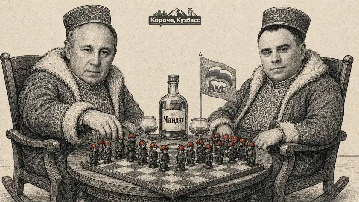Карикатура: чиновники «Северный Кузбасс» в боярских нарядах играют в шахматы фигурками шахтёров