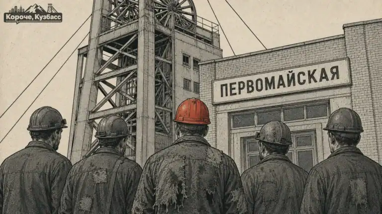 Копёр шахты «Первомайская» и шахтёры у входа, предприятие компании «Северный Кузбасс»