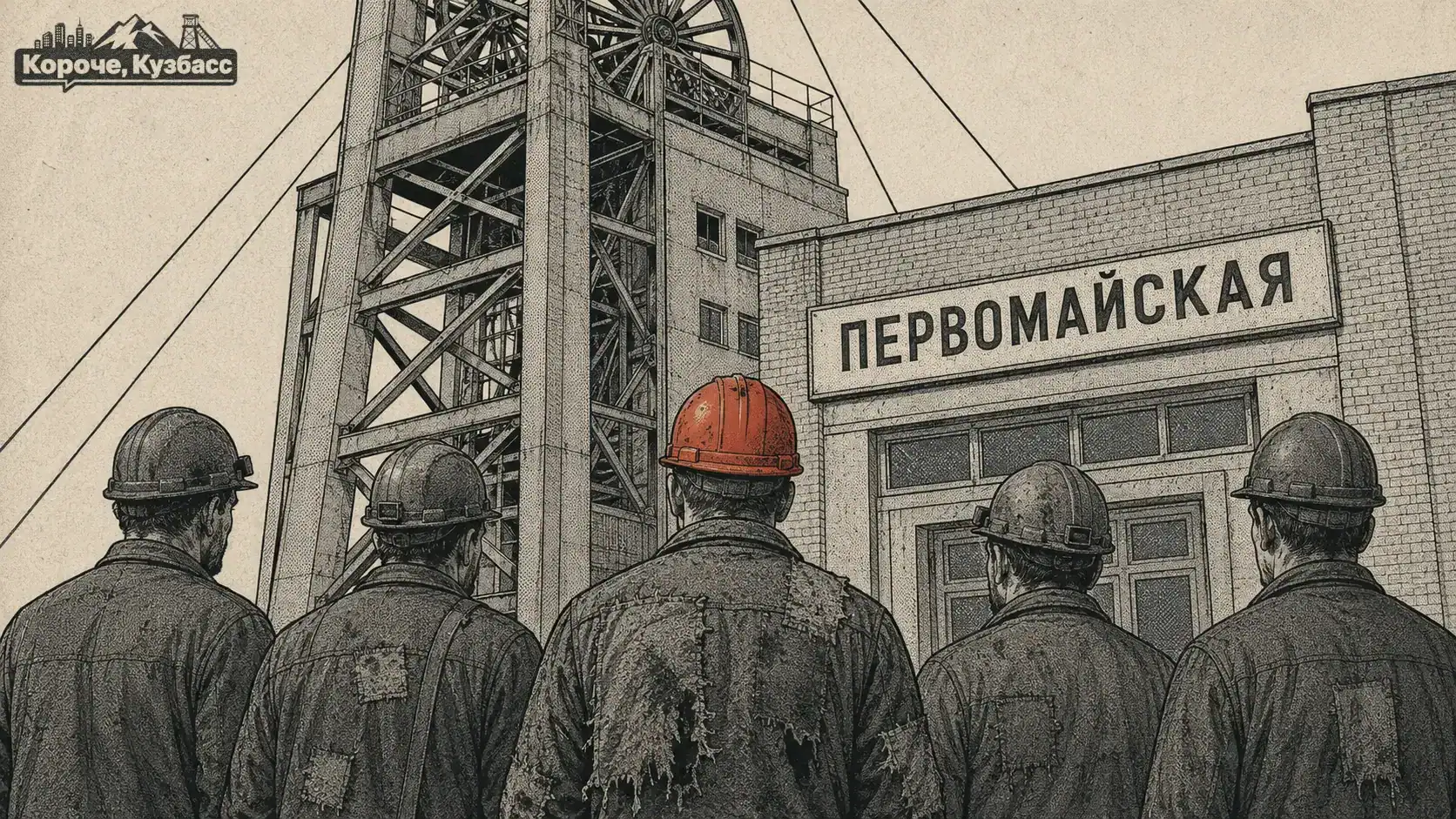 Копёр шахты «Первомайская» и шахтёры у входа, предприятие компании «Северный Кузбасс»