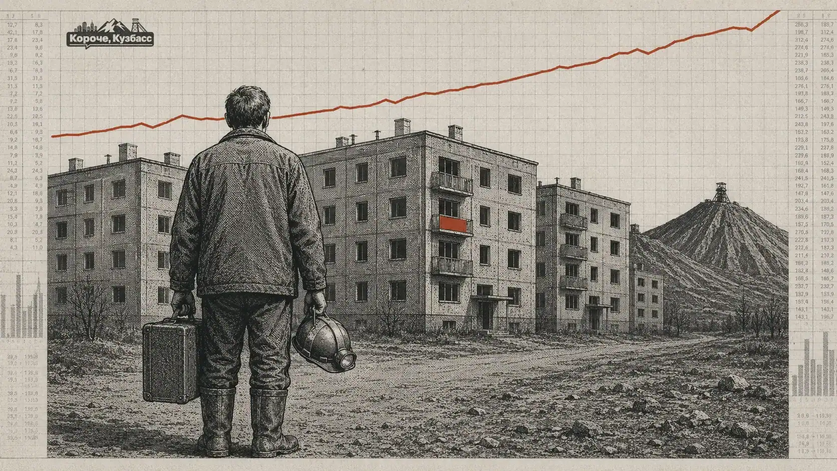 Шахтёр с чемоданом у дома с табличкой «Продаётся» в кузбасском моногороде