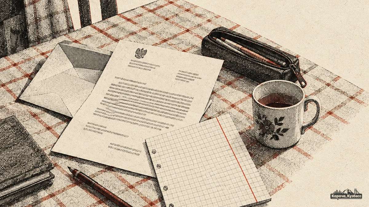 Распечатанный ответ ведомства на жалобу на клетчатой клеёнке кухонного стола рядом с тетрадным листом