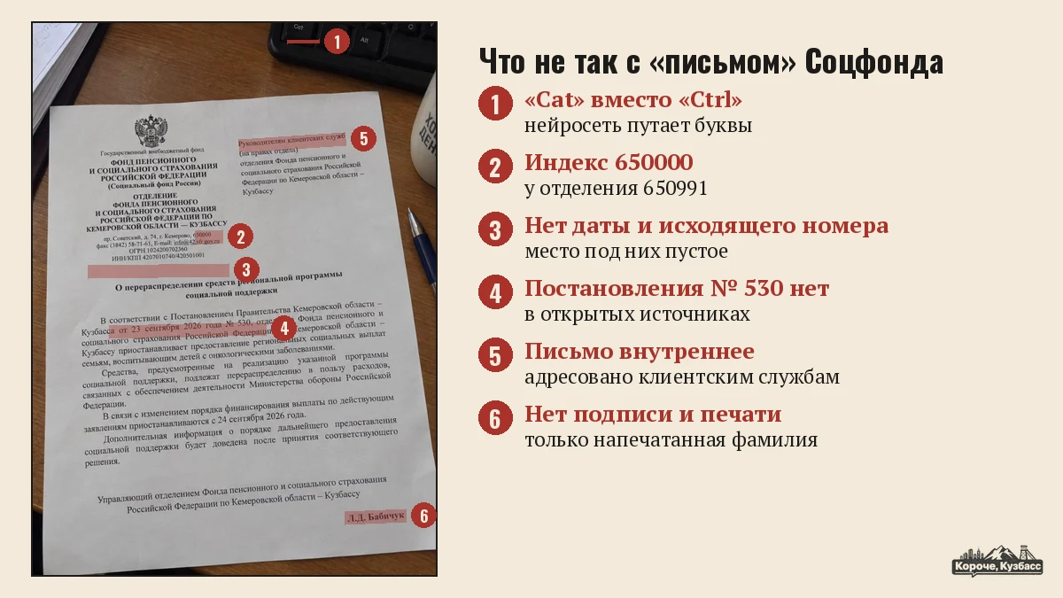 Разбор поддельного письма Соцфонда о выплатах семьям детей с онкологией: шесть пометок, что не так в документе