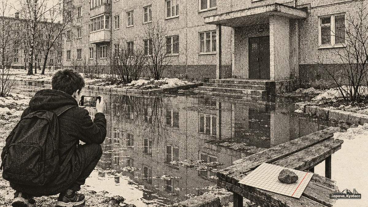 Двор многоэтажки с водой, стоящей у подъезда, на скамейке тетрадный лист под камнем — Правое Кемерово пишет жалобу на водоотвод в Белове